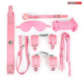 Оригинальный розовый набор БДСМ: маска, кляп, верёвка, плётка, ошейник, наручники, оковы