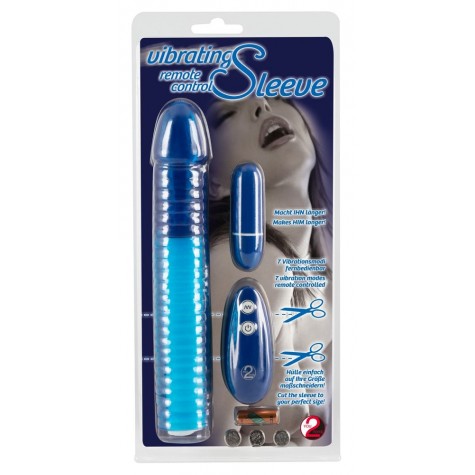 Синяя вибронасадка на пенис Vibrating Sleeve с пультом управления - 22,5 см.
